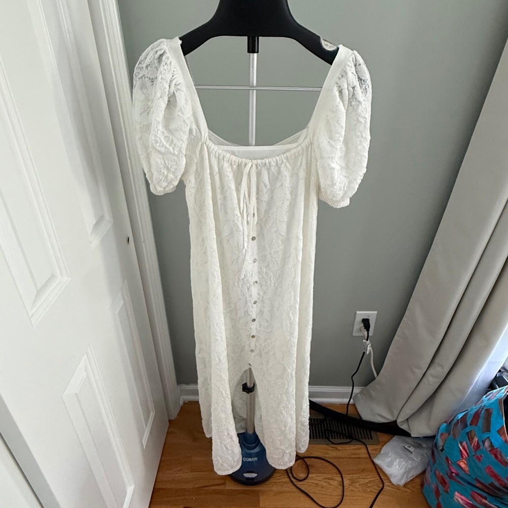 Zara White Textured Puff Sleeve Midi Dress Square Neck Cottagecore Boho‎ Large